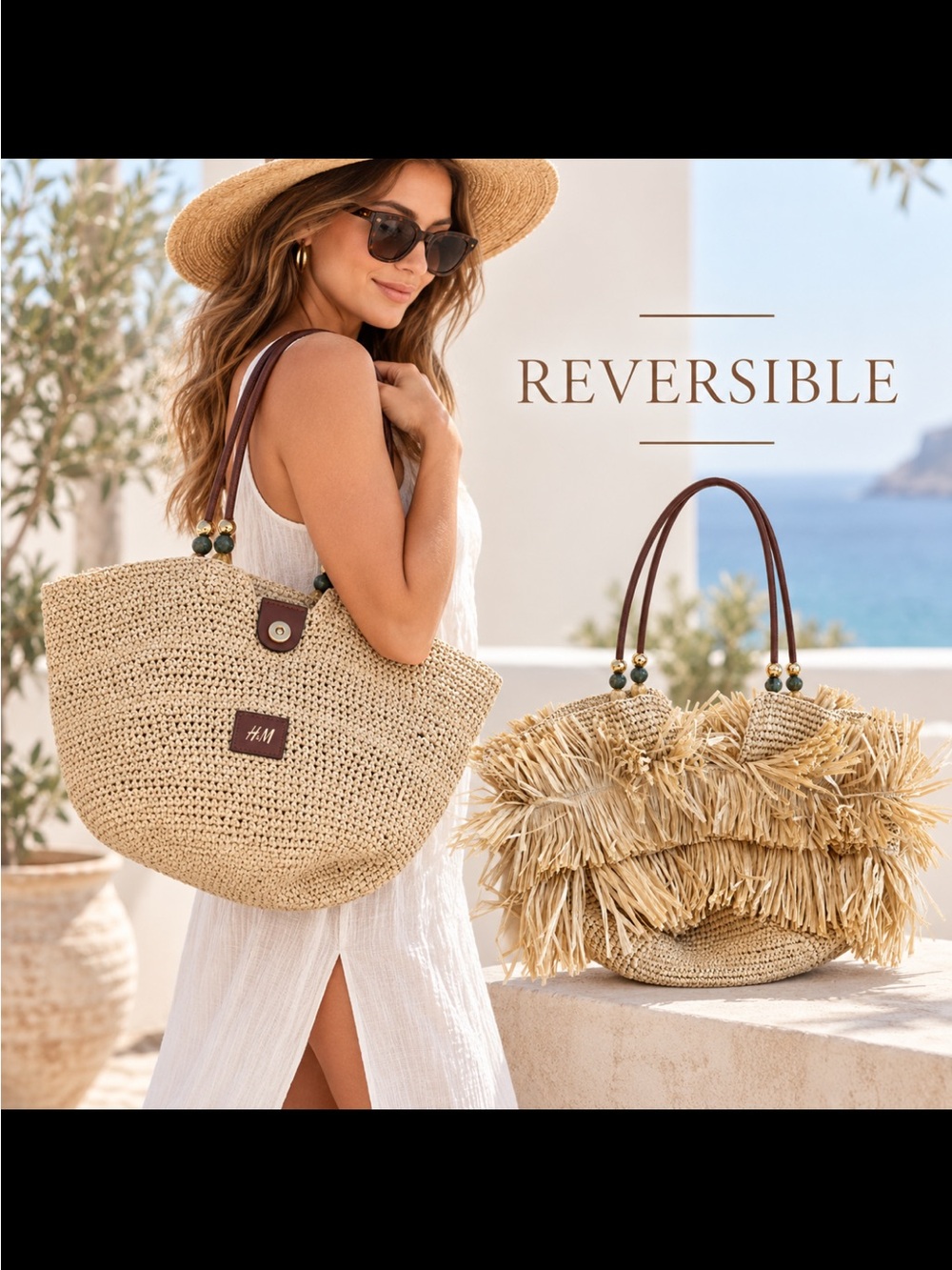 H&M Reversible Raffia Fringe Woven Straw Tote Bag Boho Beach Shopper